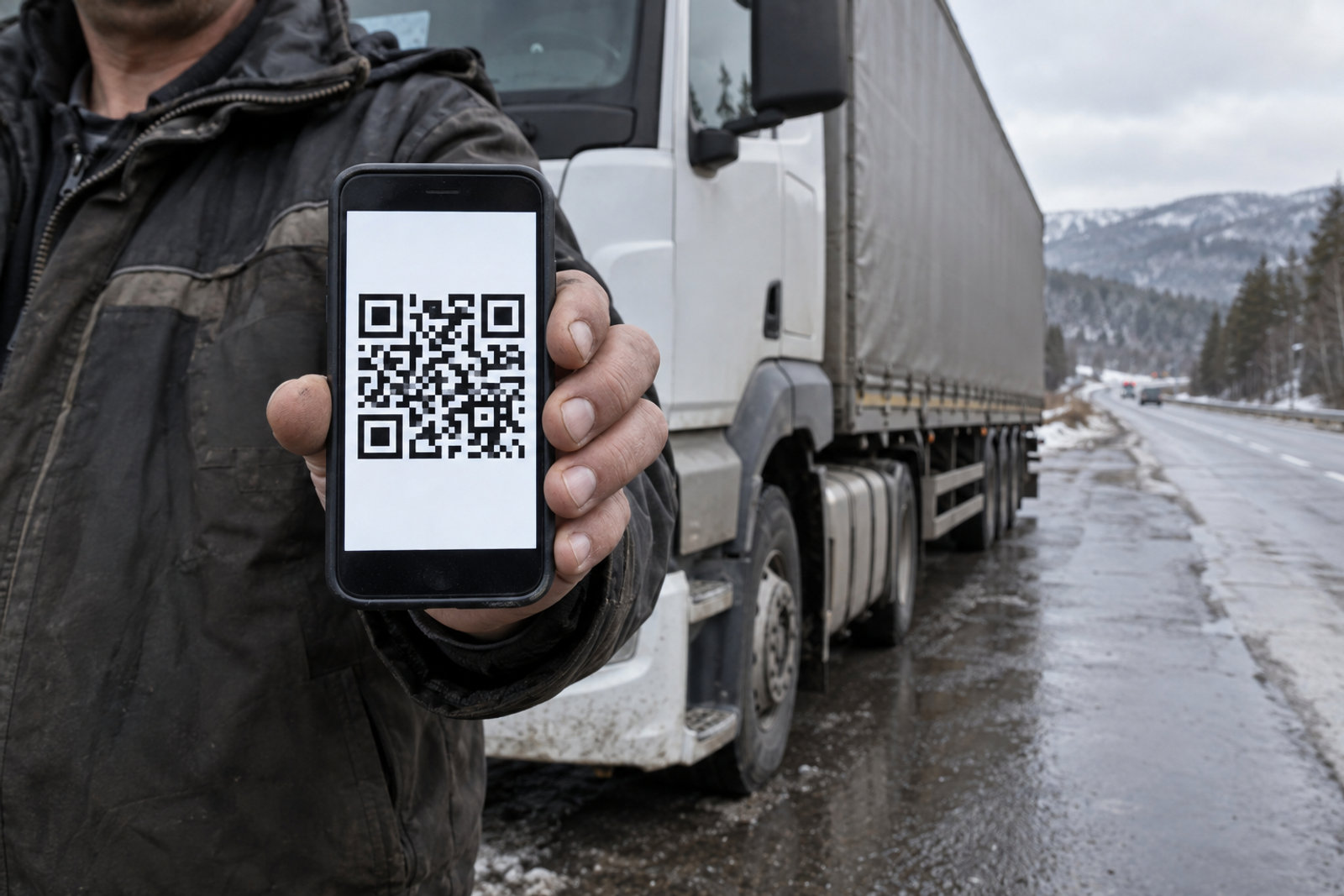 Водитель показывает QR-код электронной накладной с экрана смартфона при проверке в пути